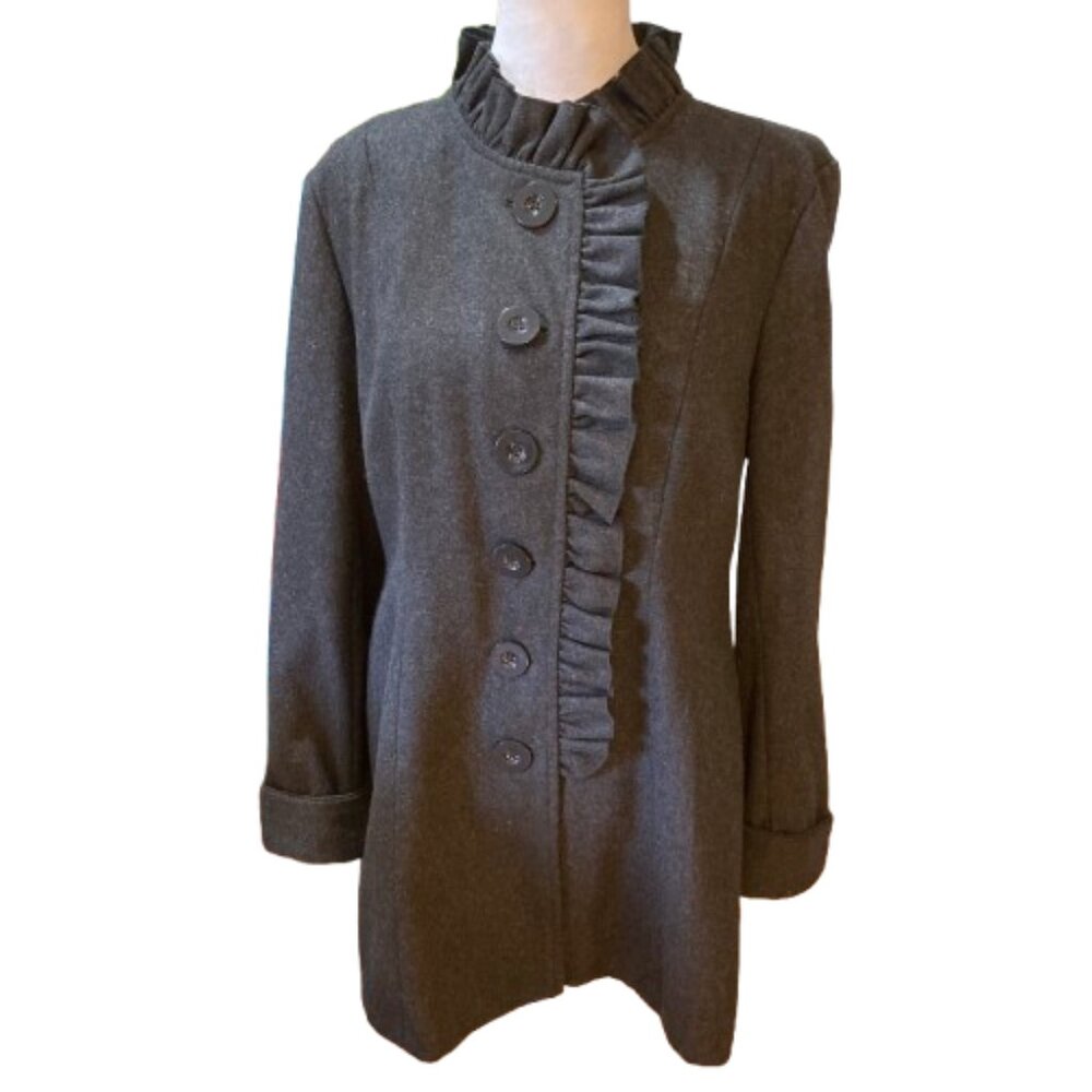 Tulle Charcoal Grey Ruffle Collar Wool Blend Coat Dark Academia Victorian, Large